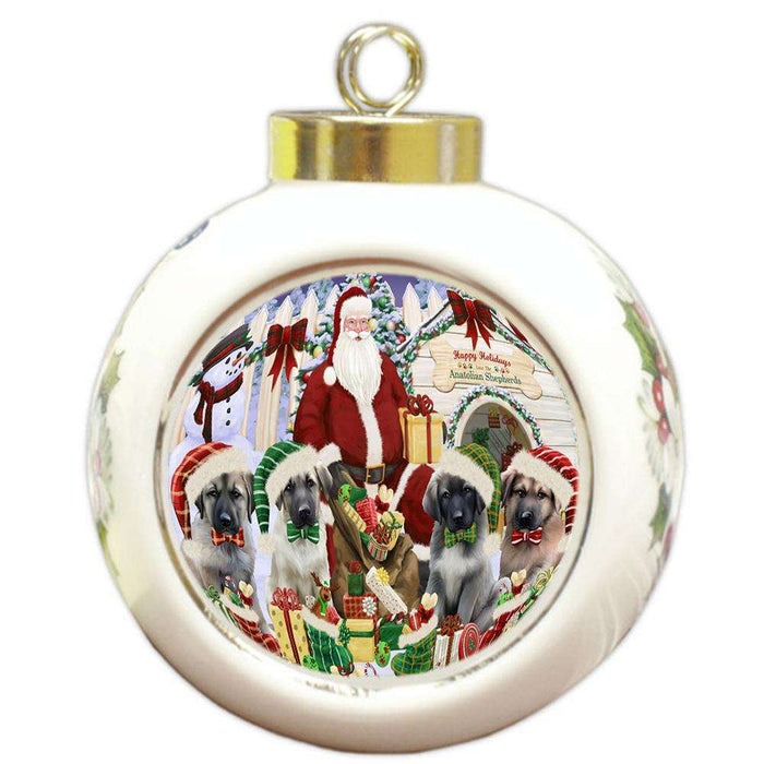 Happy Holidays Christmas Anatolian Shepherds Dog House Gathering Round Ball Christmas Ornament RBPOR51272