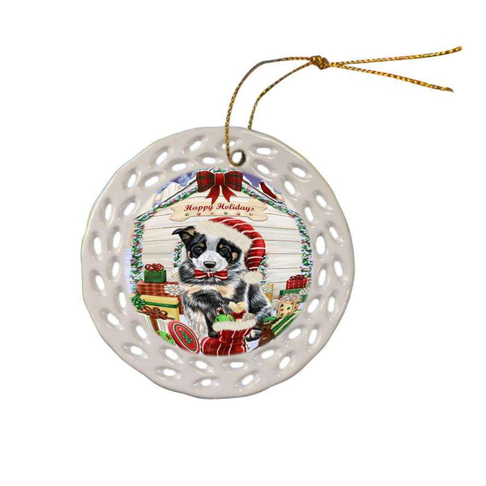 Happy Holidays Christmas Australian Cattle Dog House with Presents Ceramic Doily Ornament DPOR51315