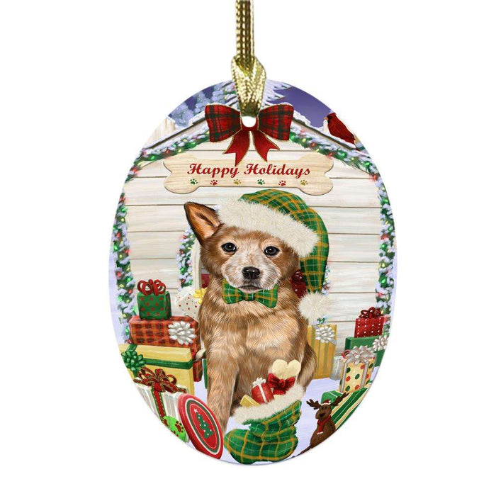 Happy Holidays Christmas Australian Cattle Dog House With Presents Oval Glass Christmas Ornament OGOR49758