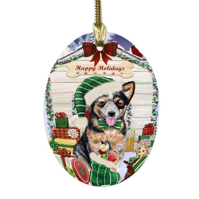 Happy Holidays Christmas Australian Cattle Dog House With Presents Oval Glass Christmas Ornament OGOR49759