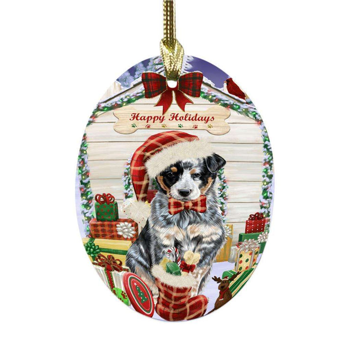 Happy Holidays Christmas Australian Cattle Dog House With Presents Oval Glass Christmas Ornament OGOR49760