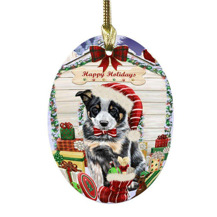 Happy Holidays Christmas Australian Cattle Dog House With Presents Oval Glass Christmas Ornament OGOR49761