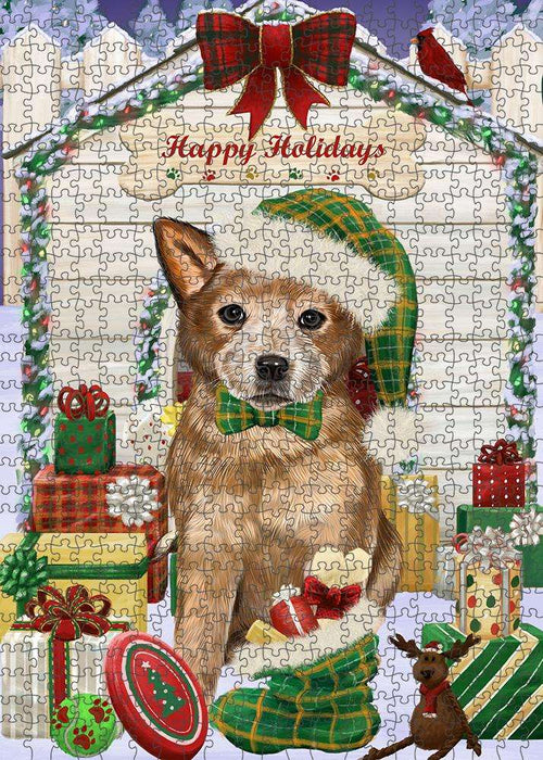 Happy Holidays Christmas Australian Cattle Dog House with Presents Puzzle with Photo Tin PUZL57798