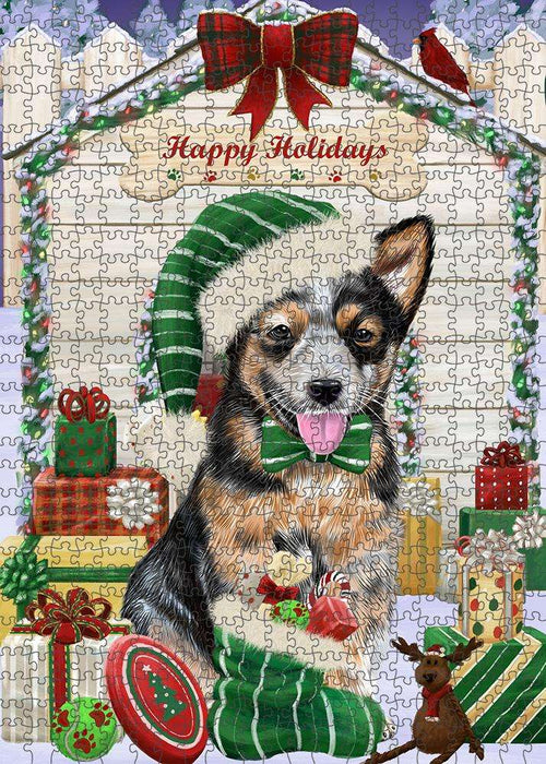 Happy Holidays Christmas Australian Cattle Dog House with Presents Puzzle with Photo Tin PUZL57801