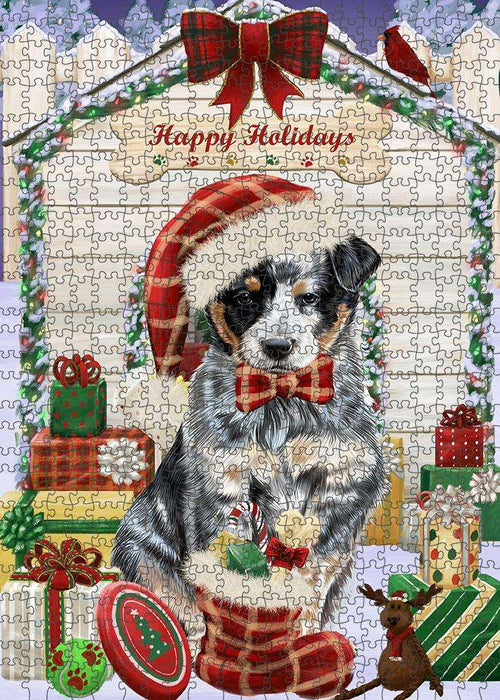 Happy Holidays Christmas Australian Cattle Dog House with Presents Puzzle with Photo Tin PUZL57804