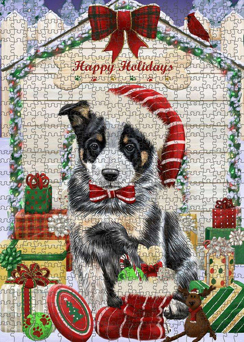 Happy Holidays Christmas Australian Cattle Dog House with Presents Puzzle with Photo Tin PUZL57807