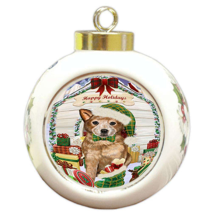 Happy Holidays Christmas Australian Cattle Dog House with Presents Round Ball Christmas Ornament RBPOR51312