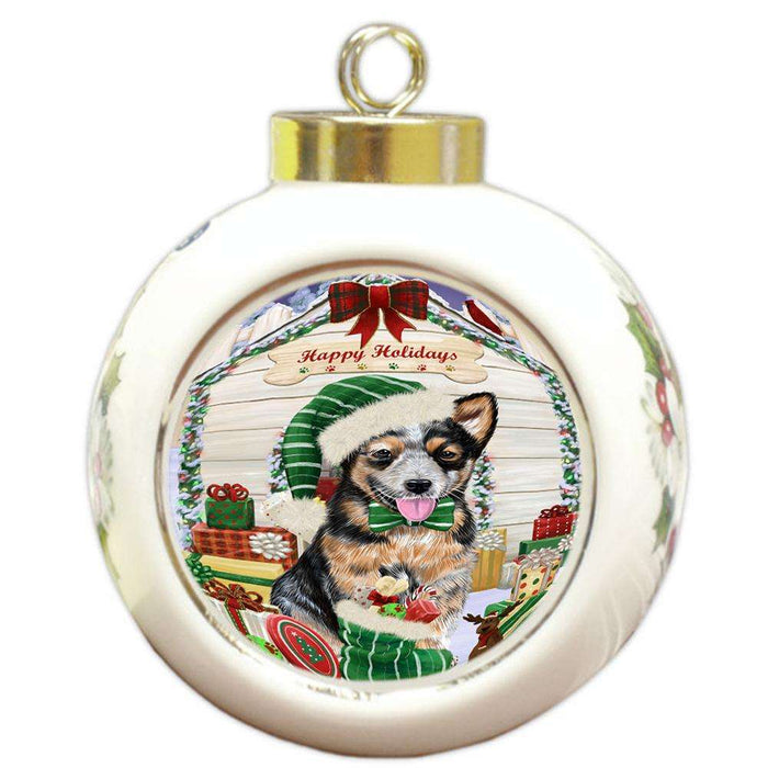 Happy Holidays Christmas Australian Cattle Dog House with Presents Round Ball Christmas Ornament RBPOR51313