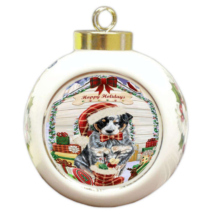 Happy Holidays Christmas Australian Cattle Dog House with Presents Round Ball Christmas Ornament RBPOR51314