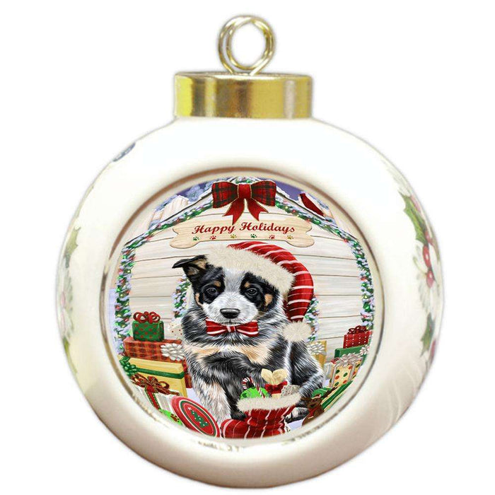 Happy Holidays Christmas Australian Cattle Dog House with Presents Round Ball Christmas Ornament RBPOR51315
