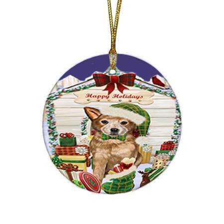 Happy Holidays Christmas Australian Cattle Dog House with Presents Round Flat Christmas Ornament RFPOR51303