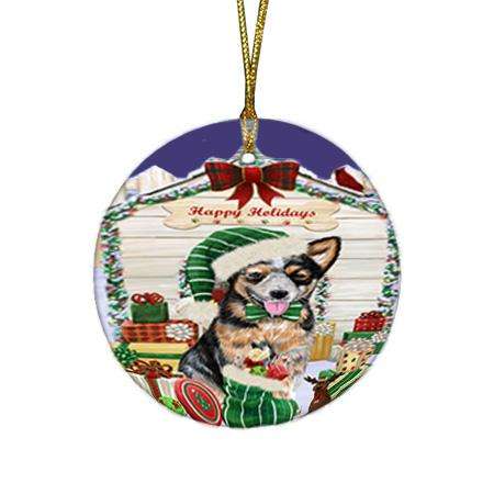 Happy Holidays Christmas Australian Cattle Dog House with Presents Round Flat Christmas Ornament RFPOR51304