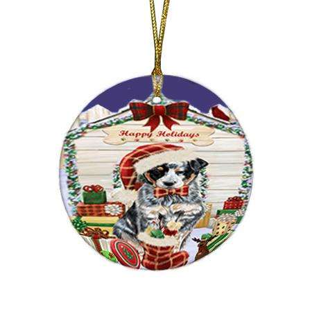 Happy Holidays Christmas Australian Cattle Dog House with Presents Round Flat Christmas Ornament RFPOR51305