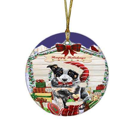 Happy Holidays Christmas Australian Cattle Dog House with Presents Round Flat Christmas Ornament RFPOR51306