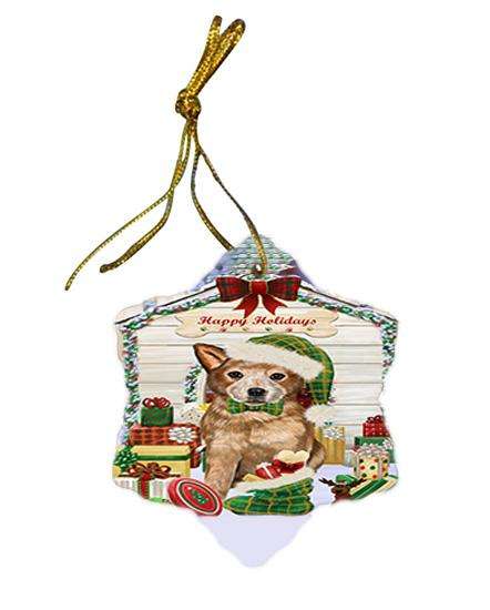 Happy Holidays Christmas Australian Cattle Dog House with Presents Star Porcelain Ornament SPOR51304