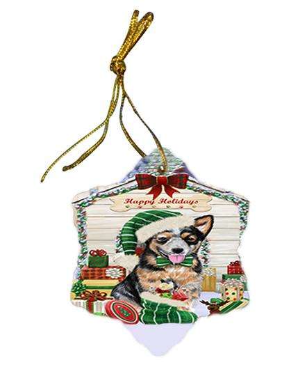 Happy Holidays Christmas Australian Cattle Dog House with Presents Star Porcelain Ornament SPOR51305