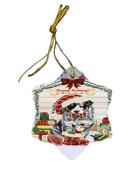Happy Holidays Christmas Australian Cattle Dog House with Presents Star Porcelain Ornament SPOR51306