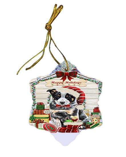 Happy Holidays Christmas Australian Cattle Dog House with Presents Star Porcelain Ornament SPOR51307