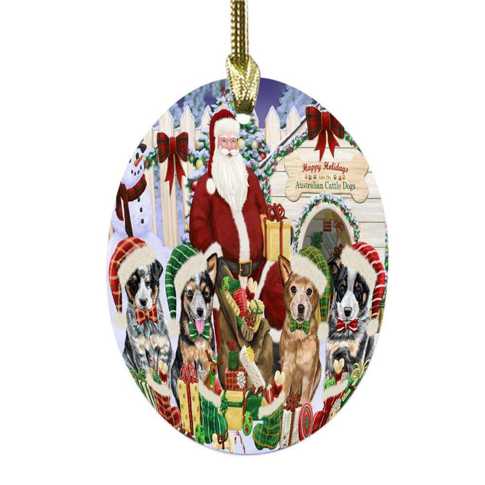 Happy Holidays Christmas Australian Cattle Dogs Dog House Gathering Oval Glass Christmas Ornament OGOR49676