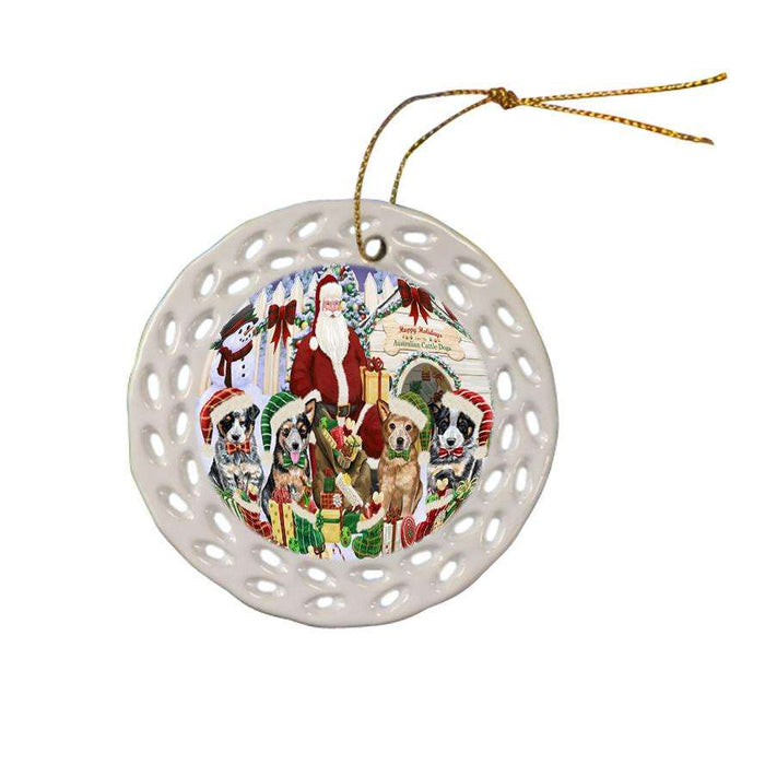 Happy Holidays Christmas Australian Cattle Dogs House Gathering Ceramic Doily Ornament DPOR51273