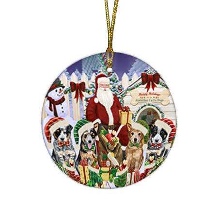 Happy Holidays Christmas Australian Cattle Dogs House Gathering Round Flat Christmas Ornament RFPOR51264