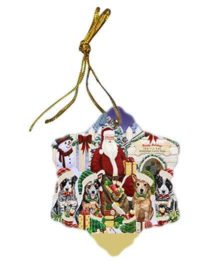 Happy Holidays Christmas Australian Cattle Dogs House Gathering Star Porcelain Ornament SPOR51265