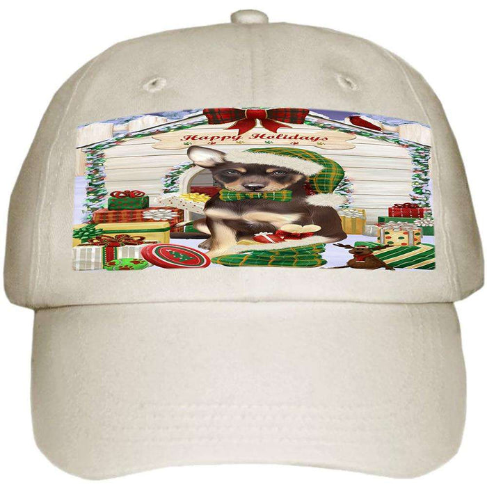 Happy Holidays Christmas Australian Kelpie Dog House with Presents Ball Hat Cap HAT57681