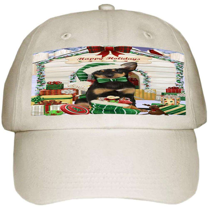 Happy Holidays Christmas Australian Kelpie Dog House with Presents Ball Hat Cap HAT57684