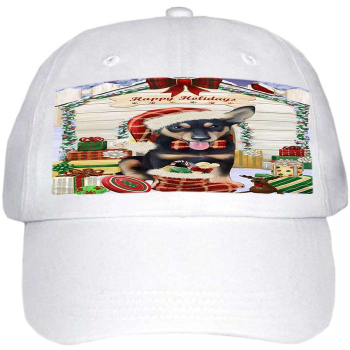 Happy Holidays Christmas Australian Kelpie Dog House with Presents Ball Hat Cap HAT57687
