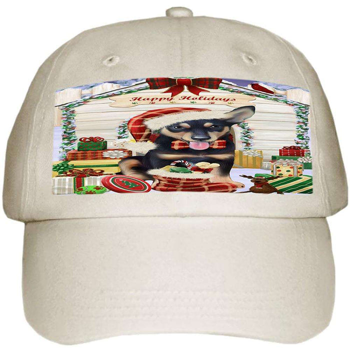 Happy Holidays Christmas Australian Kelpie Dog House with Presents Ball Hat Cap HAT57687