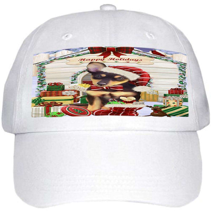 Happy Holidays Christmas Australian Kelpie Dog House with Presents Ball Hat Cap HAT57690