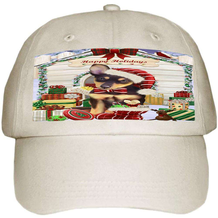 Happy Holidays Christmas Australian Kelpie Dog House with Presents Ball Hat Cap HAT57690