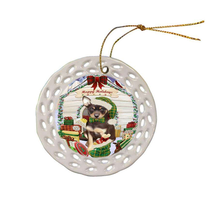 Happy Holidays Christmas Australian Kelpie Dog House with Presents Ceramic Doily Ornament DPOR51316