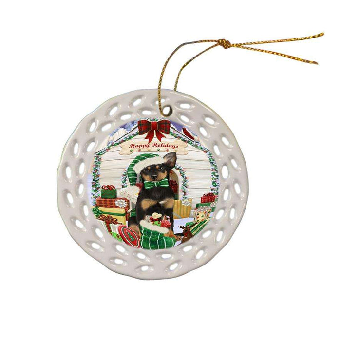 Happy Holidays Christmas Australian Kelpie Dog House with Presents Ceramic Doily Ornament DPOR51317