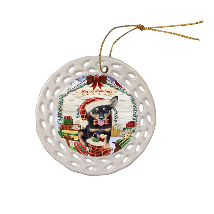 Happy Holidays Christmas Australian Kelpie Dog House with Presents Ceramic Doily Ornament DPOR51318