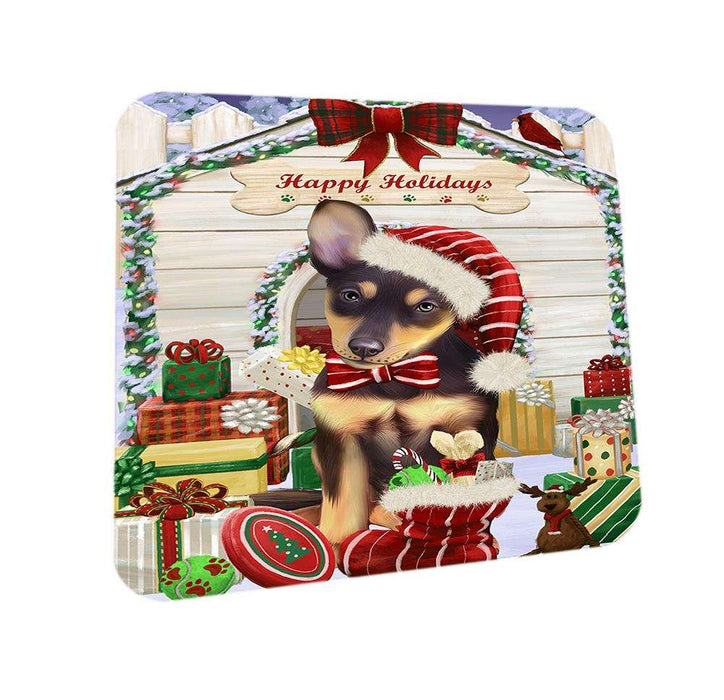Happy Holidays Christmas Australian Kelpie Dog House with Presents Coasters Set of 4 CST51278