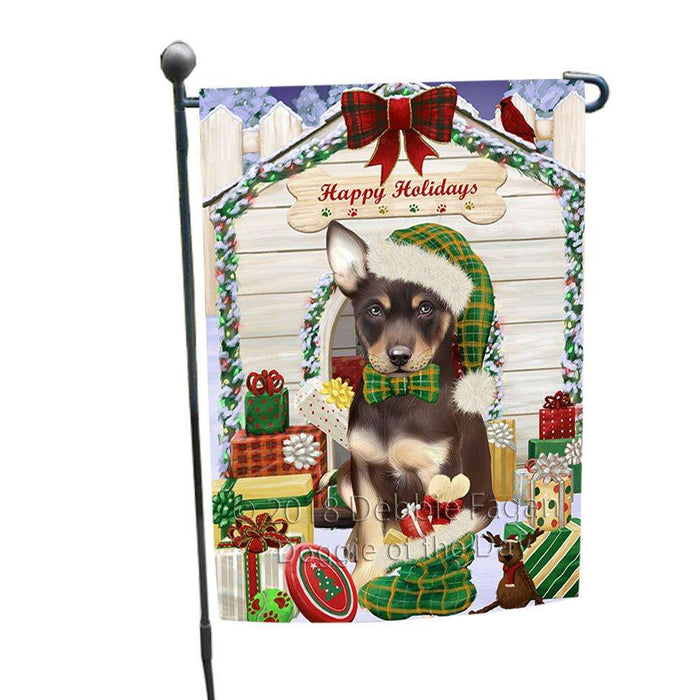 Happy Holidays Christmas Australian Kelpie Dog House with Presents Garden Flag GFLG51238