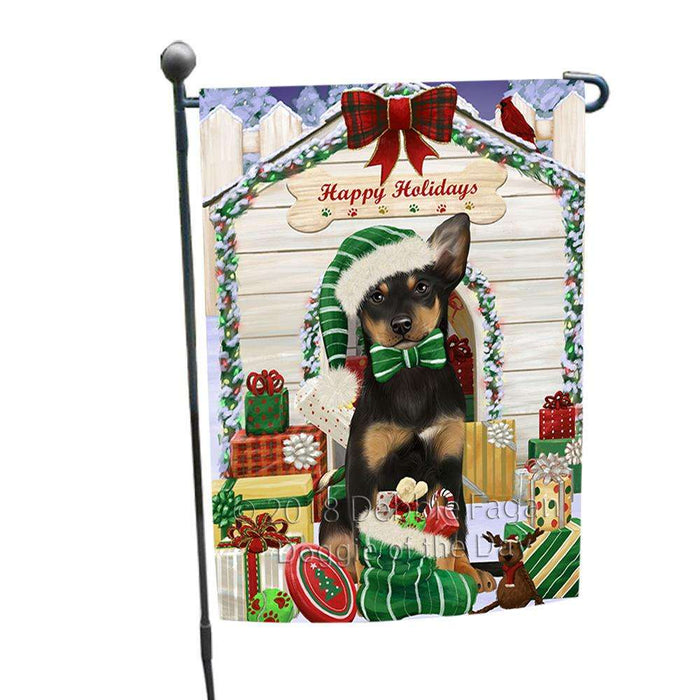 Happy Holidays Christmas Australian Kelpie Dog House with Presents Garden Flag GFLG51239