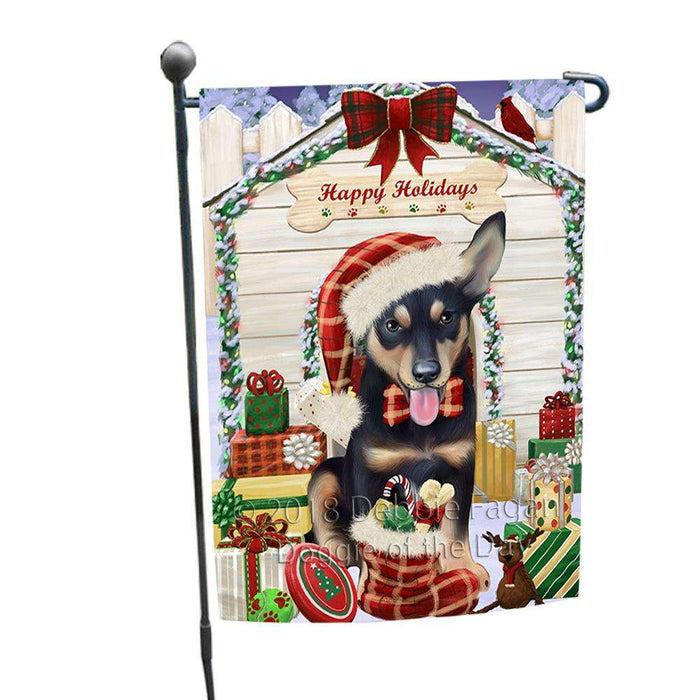 Happy Holidays Christmas Australian Kelpie Dog House with Presents Garden Flag GFLG51240