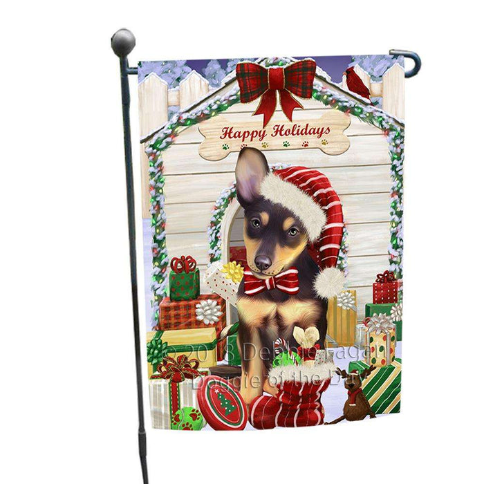 Happy Holidays Christmas Australian Kelpie Dog House with Presents Garden Flag GFLG51241