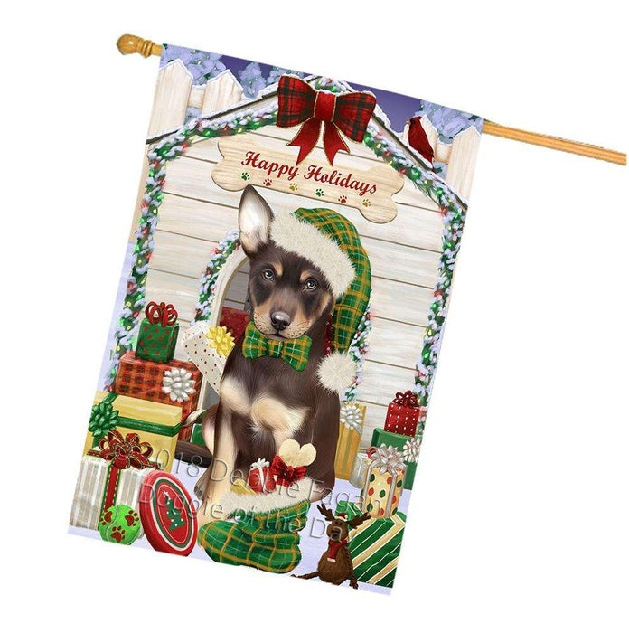 Happy Holidays Christmas Australian Kelpie Dog House with Presents House Flag FLG51374