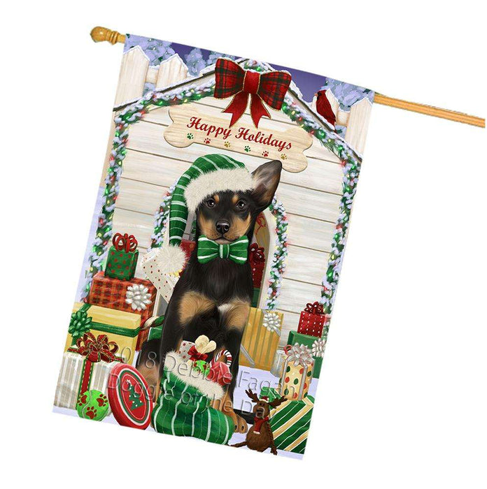 Happy Holidays Christmas Australian Kelpie Dog House with Presents House Flag FLG51375