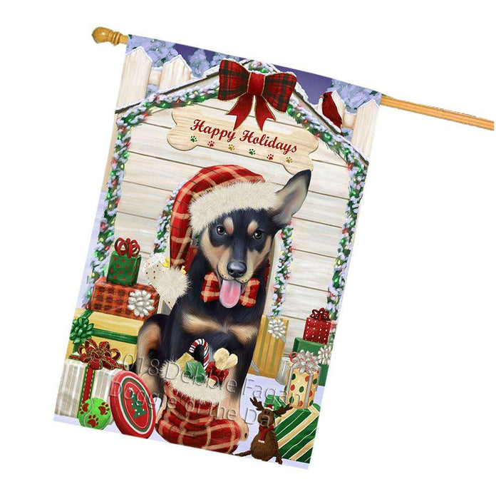 Happy Holidays Christmas Australian Kelpie Dog House with Presents House Flag FLG51376