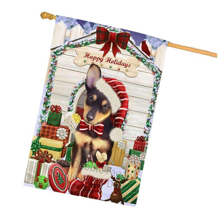 Happy Holidays Christmas Australian Kelpie Dog House with Presents House Flag FLG51377