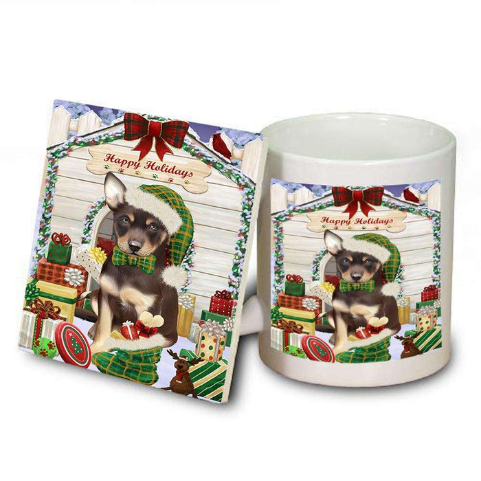 Happy Holidays Christmas Australian Kelpie Dog House with Presents Mug and Coaster Set MUC51308