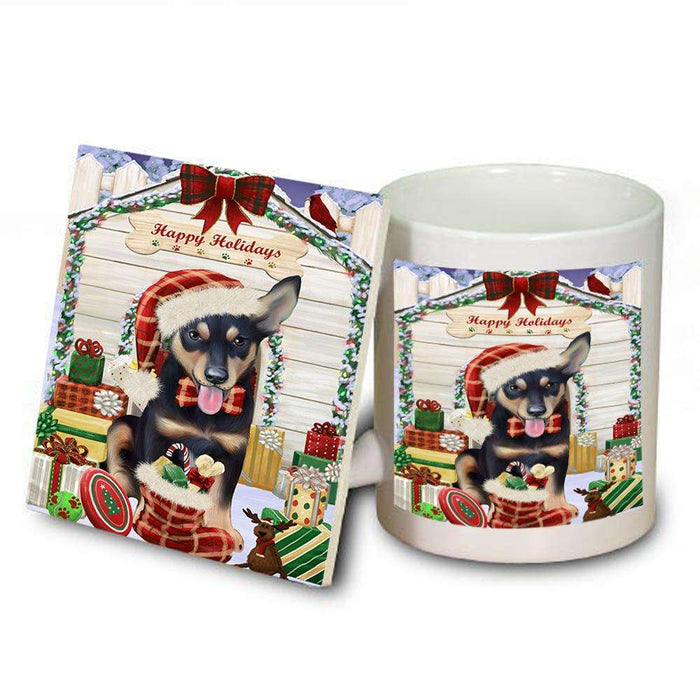 Happy Holidays Christmas Australian Kelpie Dog House with Presents Mug and Coaster Set MUC51310