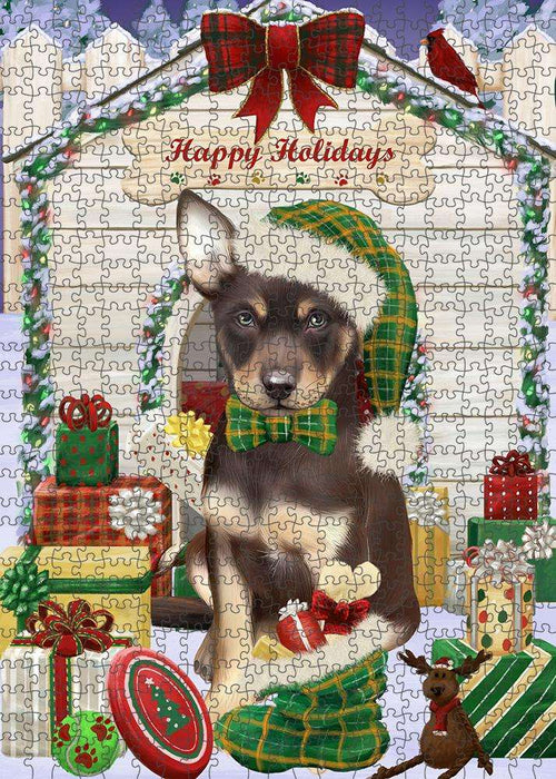 Happy Holidays Christmas Australian Kelpie Dog House with Presents Puzzle with Photo Tin PUZL57810