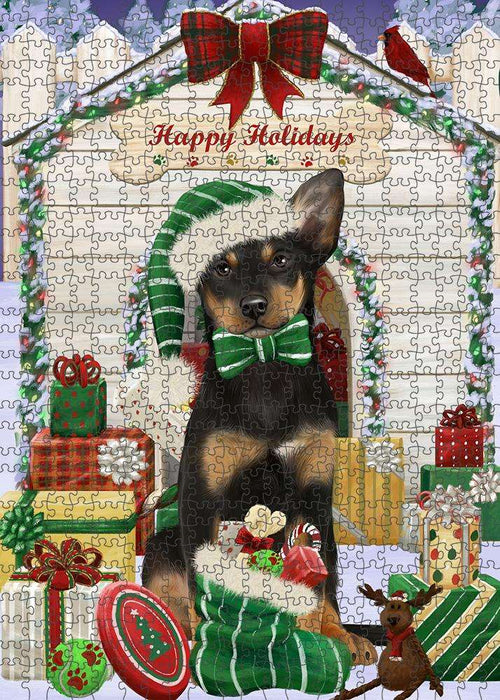 Happy Holidays Christmas Australian Kelpie Dog House with Presents Puzzle with Photo Tin PUZL57813