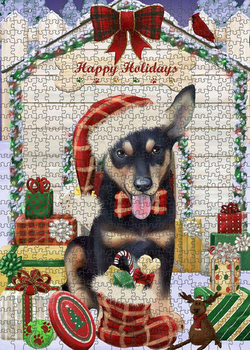 Happy Holidays Christmas Australian Kelpie Dog House with Presents Puzzle with Photo Tin PUZL57816