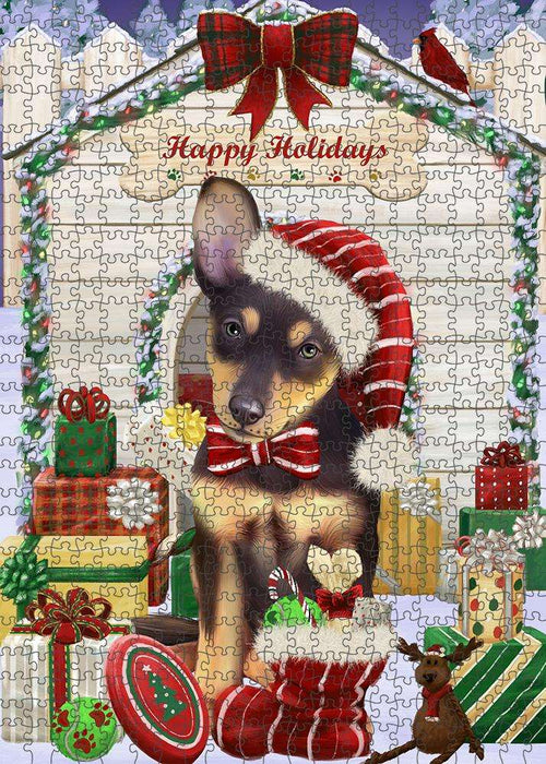 Happy Holidays Christmas Australian Kelpie Dog House with Presents Puzzle with Photo Tin PUZL57819